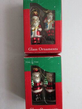 Trim-A-Tree Glass Miniature Christmas Ornaments 3" Santa w/ Bag and Tree in Box